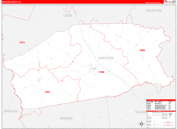 Madison County, TX Wall Map Zip Code Red Line Style 2024