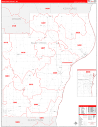 Manitowoc County, WI Wall Map Zip Code Red Line Style 2024
