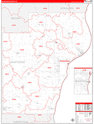 Manitowoc County, WI Wall Map Zip Code Red Line Style 2026