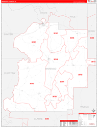 Marengo County, AL Wall Map Zip Code Red Line Style 2024