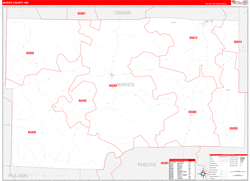 Maries County, MO Wall Map Zip Code Red Line Style 2024