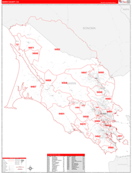 Marin County, CA Wall Map Zip Code Red Line Style 2024