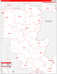 Marinette County, WI Wall Map Zip Code Red Line Style 2024