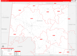 Marion County, AL Wall Map Zip Code Red Line Style 2024