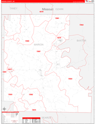 Marion County, AR Wall Map Zip Code Red Line Style 2024