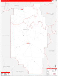 Marion County, GA Wall Map Zip Code Red Line Style 2024