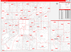 Marion County, IN Wall Map Zip Code Red Line Style 2024