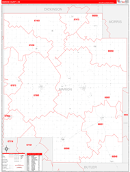 Marion County, KS Wall Map Zip Code Red Line Style 2024