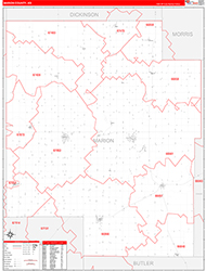 Marion County, KS Wall Map Zip Code Red Line Style 2026