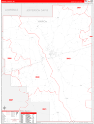 Marion County, MS Wall Map Zip Code Red Line Style 2024