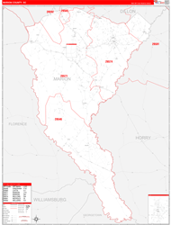 Marion County, SC Wall Map Zip Code Red Line Style 2024