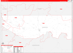 Marion County, TX Wall Map Zip Code Red Line Style 2023