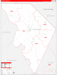 Marlboro County, SC Wall Map Zip Code Red Line Style 2024