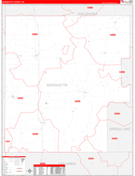 Marquette County, WI Wall Map Zip Code Red Line Style 2024