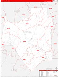 Marshall County, AL Wall Map Zip Code Red Line Style 2024