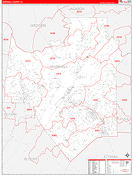 Marshall County, AL Wall Map Zip Code Red Line Style 2026