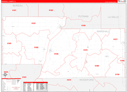 Marshall County, IL Wall Map Zip Code Red Line Style 2024