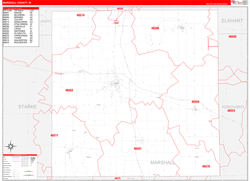 Marshall County, IN Wall Map Zip Code Red Line Style 2024