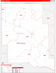 Marshall County, MS Wall Map Zip Code Red Line Style 2024