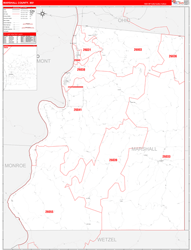 Marshall County, WV Wall Map Zip Code Red Line Style 2024