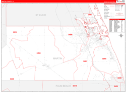Martin County, FL Wall Map Zip Code Red Line Style 2023