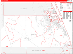 Martin County, FL Wall Map Zip Code Red Line Style 2026