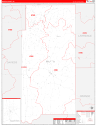 Martin County, IN Wall Map Zip Code Red Line Style 2024