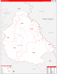 Martin County, KY Wall Map Zip Code Red Line Style 2024