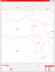 Martin County, TX Wall Map Zip Code Red Line Style 2024