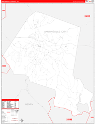 MartinsvilleCounty, VA Wall Map Zip Code Red Line Style 2024