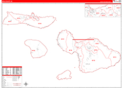 Maui County, HI Wall Map Zip Code Red Line Style 2026