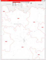 McCulloch County, TX Wall Map Zip Code Red Line Style 2024