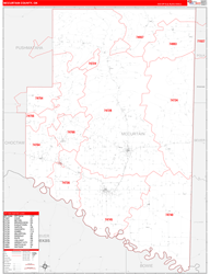 McCurtain County, OK Wall Map Zip Code Red Line Style 2024