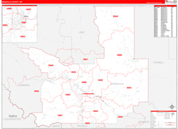 Missoula County, MT Wall Map Zip Code Red Line Style 2023