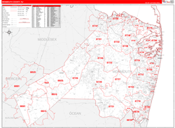 Monmouth County, NJ Wall Map Zip Code Red Line Style 2024