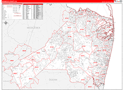 Monmouth County, NJ Wall Map Zip Code Red Line Style 2026