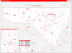 Monongalia County, WV Wall Map Zip Code Red Line Style 2024