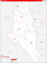 Monroe County, AR Wall Map Zip Code Red Line Style 2024