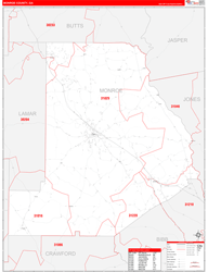 Monroe County, GA Wall Map Zip Code Red Line Style 2024