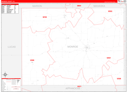 Monroe County, IA Wall Map Zip Code Red Line Style 2024