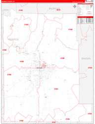 Monroe County, IN Wall Map Zip Code Red Line Style 2024