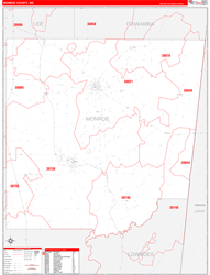 Monroe County, MS Wall Map Zip Code Red Line Style 2024