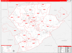 Monroe County, PA Wall Map Zip Code Red Line Style 2024