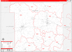Monroe County, WI Wall Map Zip Code Red Line Style 2026