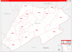 Monroe County, WV Wall Map Zip Code Red Line Style 2024