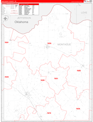 Montague County, TX Wall Map Zip Code Red Line Style 2024