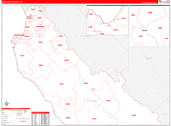 Monterey County, CA Wall Map Zip Code Red Line Style 2024
