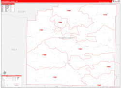 Montgomery County, AR Wall Map Zip Code Red Line Style 2024