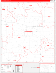 Montgomery County, IN Wall Map Zip Code Red Line Style 2024