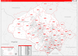 Montgomery County, MD Wall Map Zip Code Red Line Style 2024